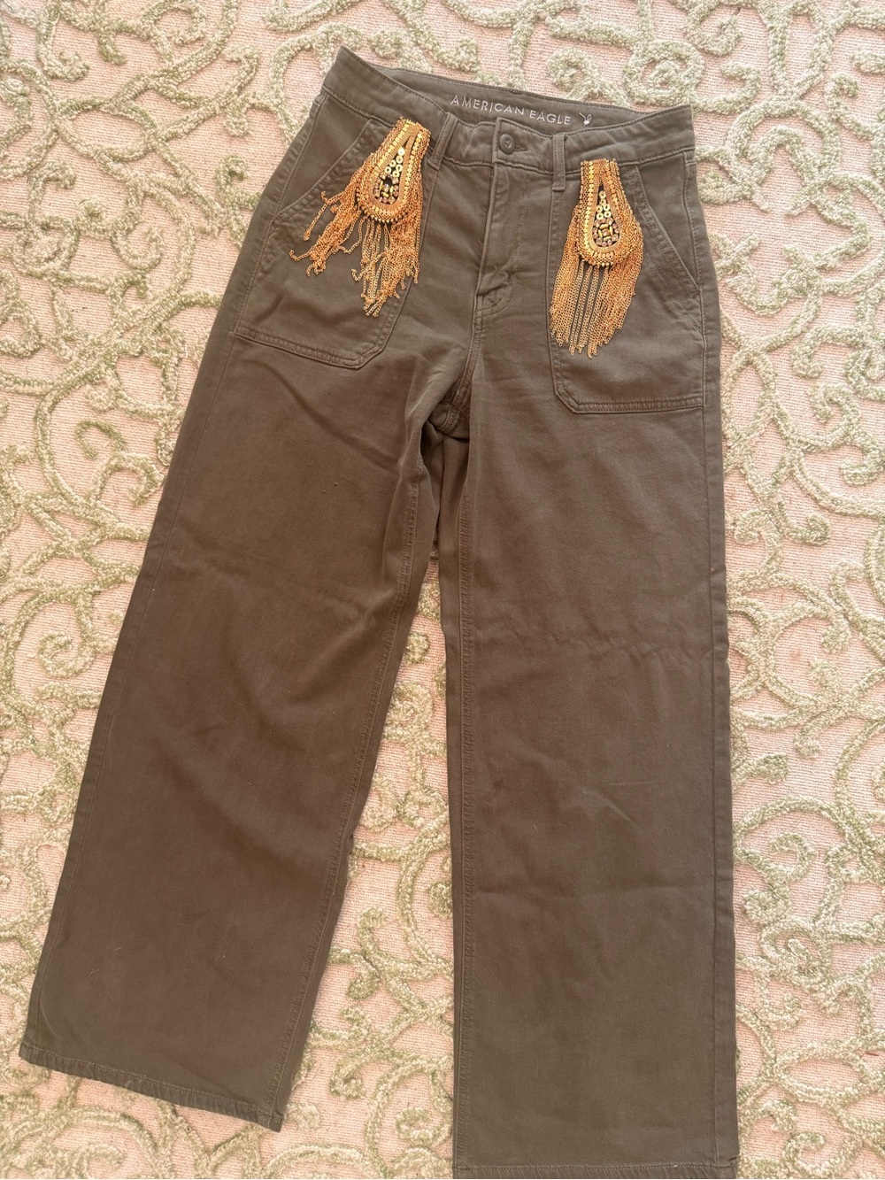 American Eagle Outfitters Brown Wide-Leg Chinos with Fringe Patch Details